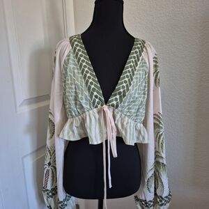 SHEIN Green and Cream Patterned Blouse